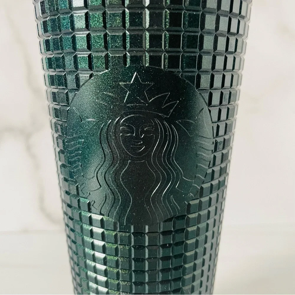 Starbucks 2021 Holiday Dark Green Metallic Grid 24 Oz Cold Cup Tumbler- New